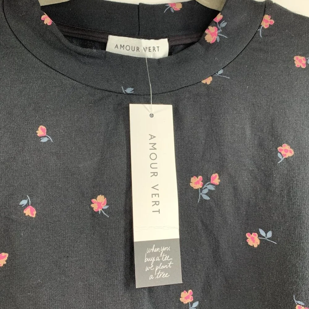 Amour Vert Ebele Floral Printed Luxe Fleece Sweatshirt Top Black Size XL NWT - Picture 7 of 8